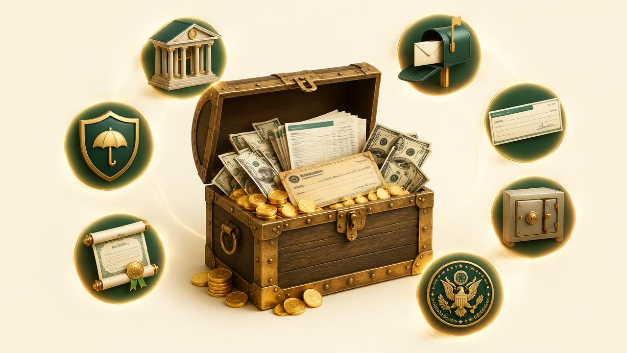 3D illustration of a treasure chest overflowing with cash, coins, and a paycheck, surrounded by icons of a bank, insurance shield, stock certificate, mailbox, check, safe, and government seal — the 7 places to find unclaimed money