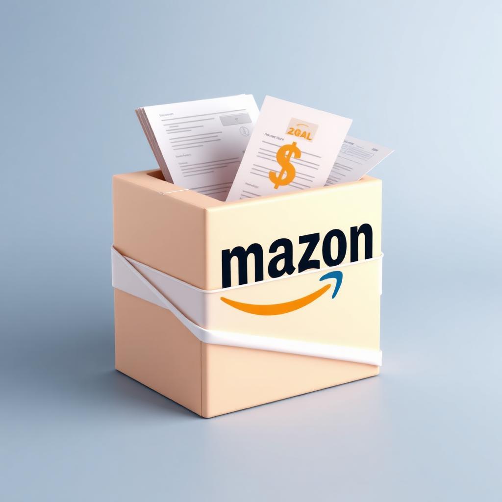 Amazon Prime package wrapped in legal documents with a dollar sign — FTC settlement illustration