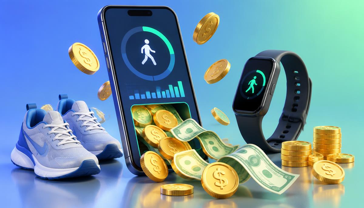 Smartphone step-counter app with coins and cash flowing out, walking shoes and a fitness tracker, representing apps that pay you to walk