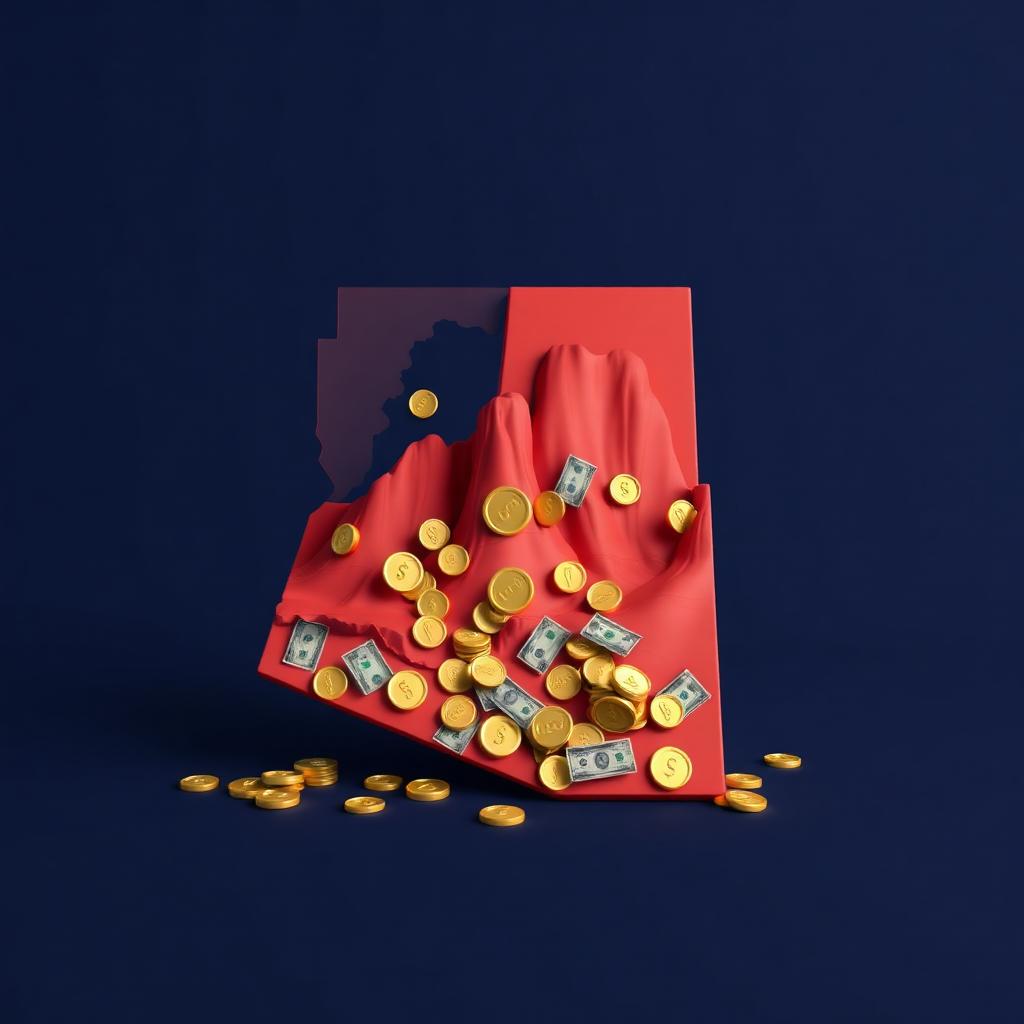 3D illustration of Arizona state outline in red desert tones filled with gold coins and dollar bills
