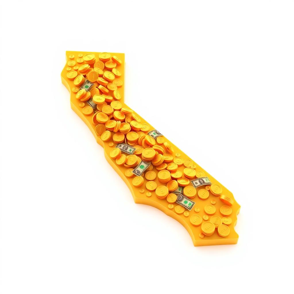 3D illustration of California state outline in golden sunset tones filled with gold coins and dollar bills