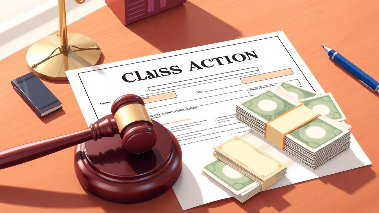 Class action settlement claim form on a desk with a wooden gavel and a stack of cash