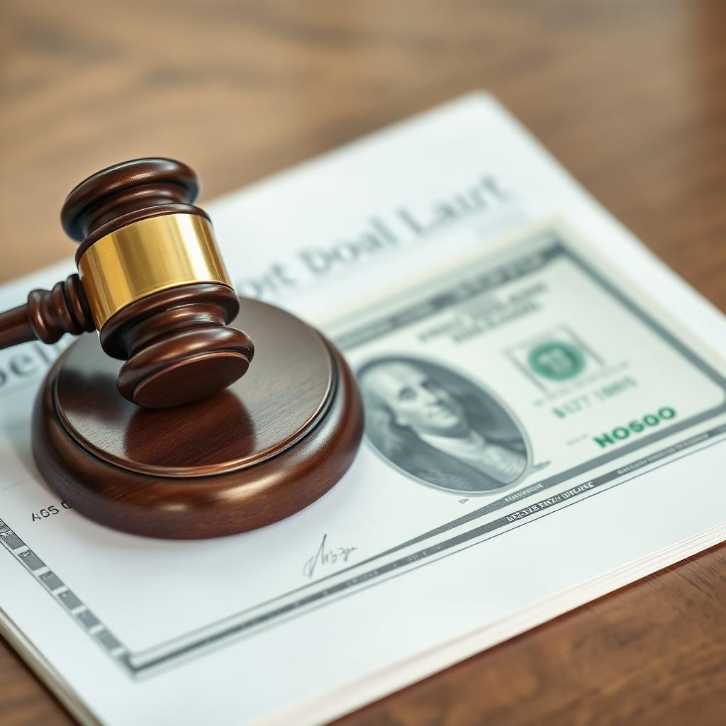 Wooden judge gavel on legal documents next to a settlement check