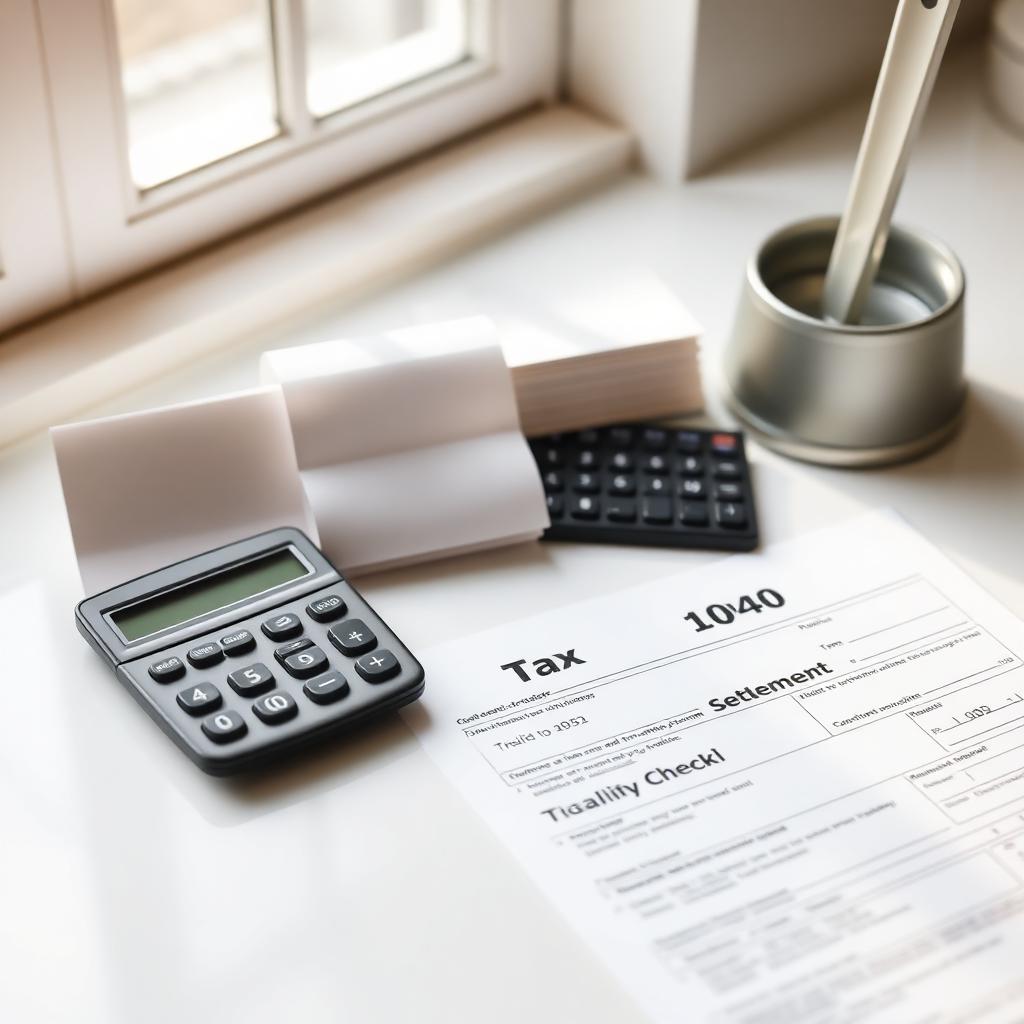 IRS 1040 tax form next to a settlement check and calculator on a clean desk