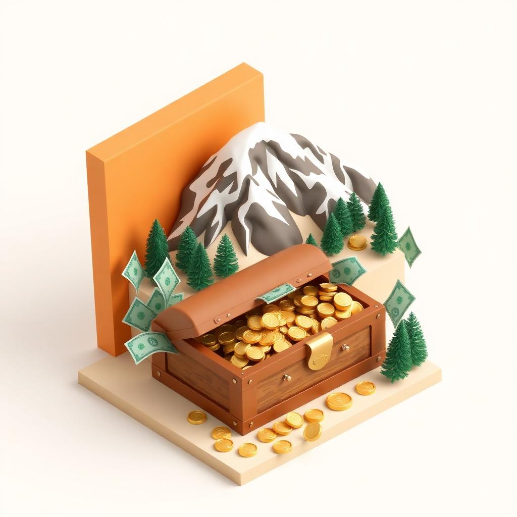 3D isometric illustration of Colorado Rocky Mountains with a treasure chest of gold coins and floating dollar bills