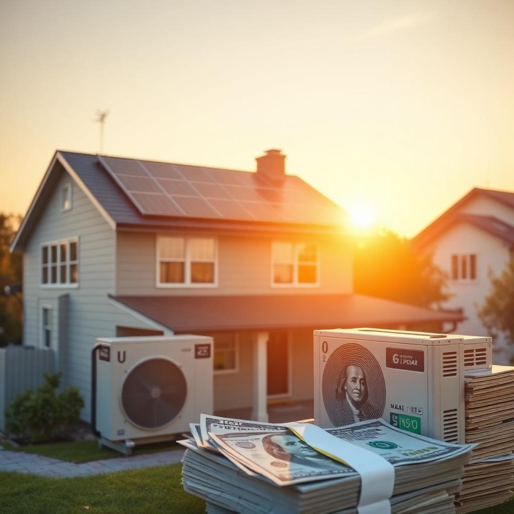 Modern home with rooftop solar panels and heat pump next to cash and energy tax credit paperwork