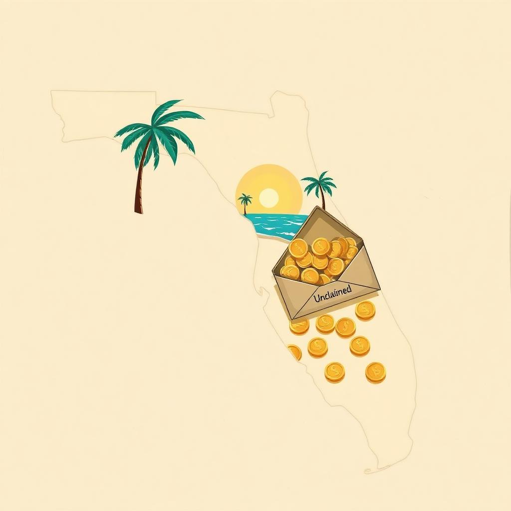 Illustrated outline of Florida with gold coins spilling from an envelope marked Unclaimed beside a palm tree and sunlit coastline