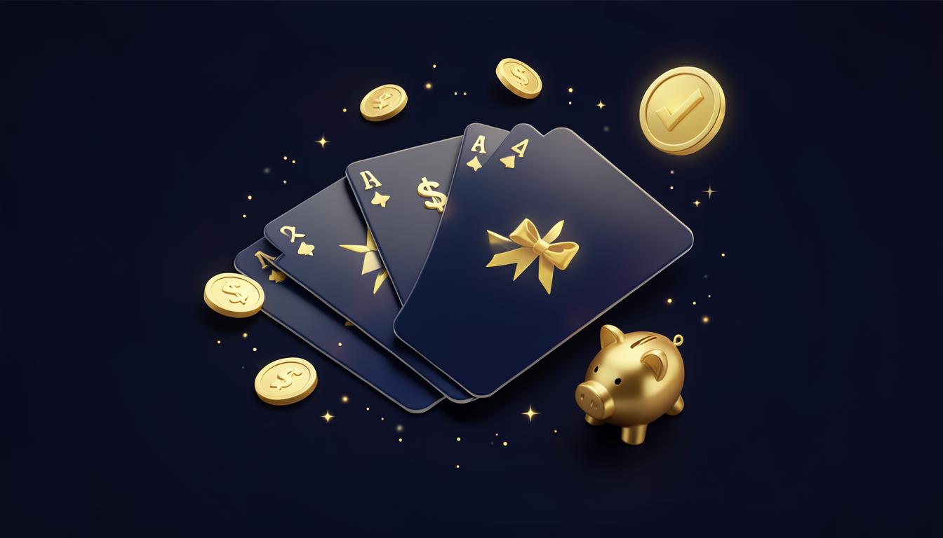 3D illustration of navy gift cards fanned like playing cards with gold coins, a golden piggy bank, and a glowing checkmark badge on a dark navy background