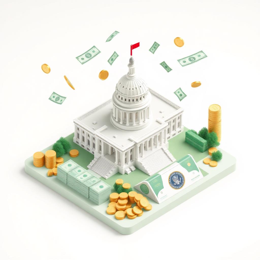 3D isometric illustration of the U.S. Capitol with floating dollar bills, gold coins, and a federal treasury check