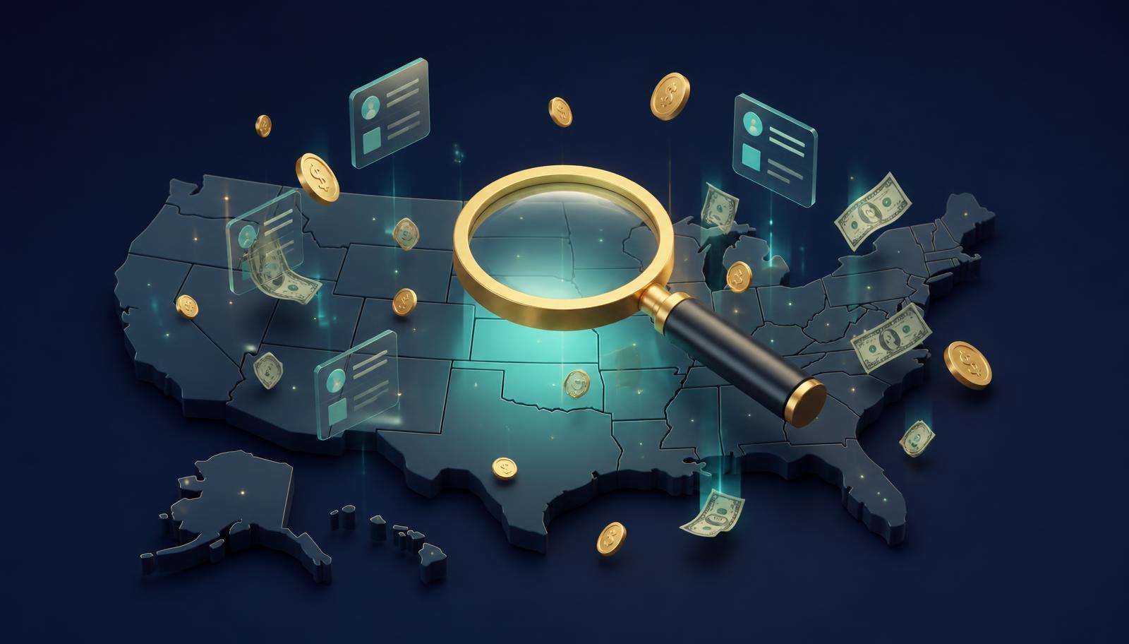 3D isometric illustration of a gold magnifying glass scanning a map of the United States with floating coins, dollar bills, and search-result cards