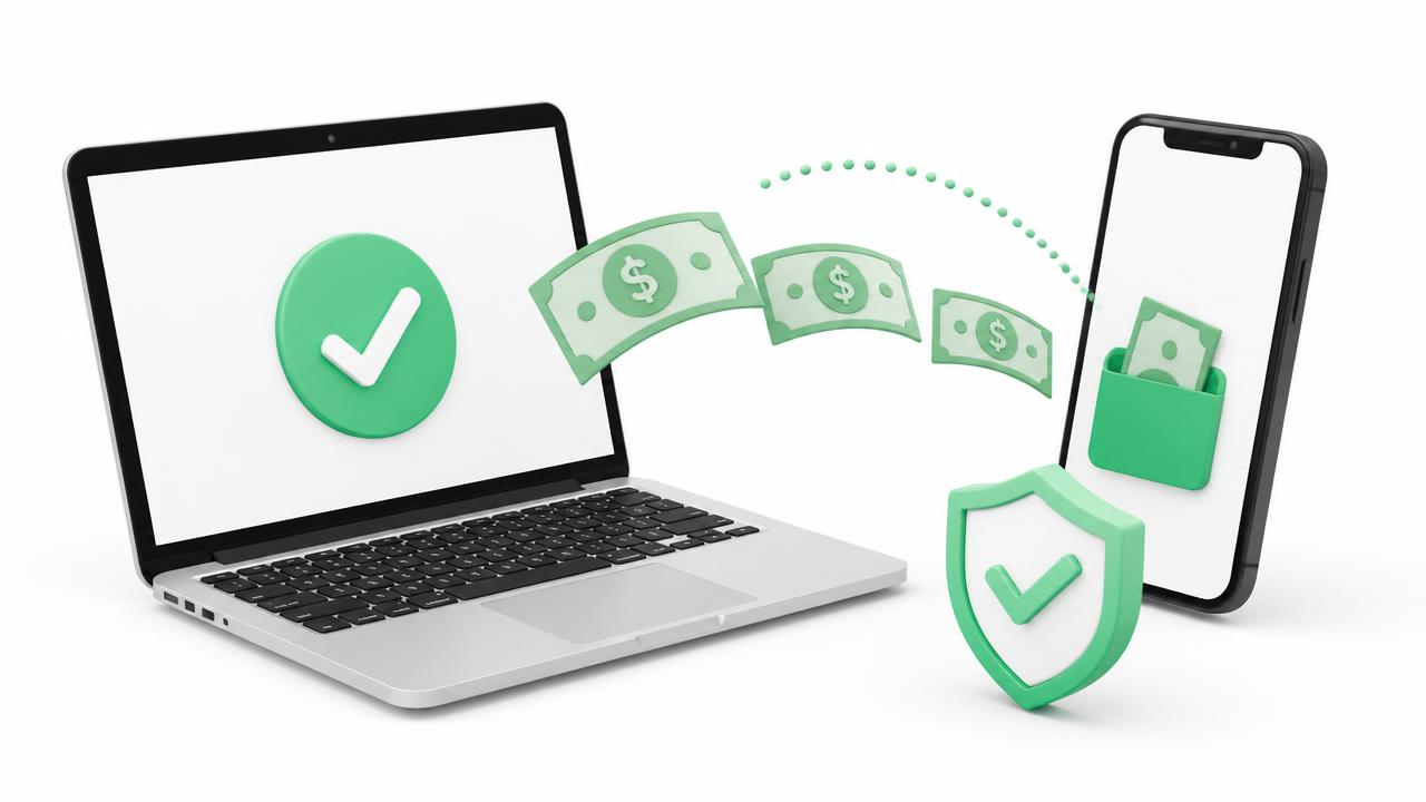 3D illustration of a laptop with a green checkmark sending dollar bills to a phone wallet beside a verification shield