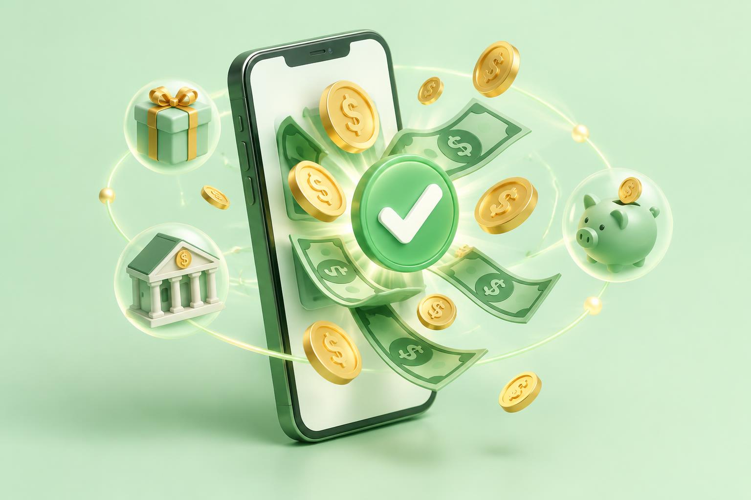 3D illustration of a smartphone with gold coins, dollar bills, a green checkmark, a gift box, a bank, and a piggy bank — representing legitimate ways to get free money today