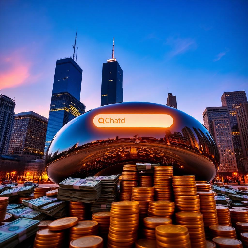 Chicago Cloud Gate Bean and skyline at dusk with a free search bar over stacks of cash and gold coins