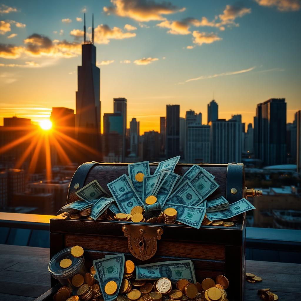 Chicago skyline at sunset behind a treasure chest overflowing with cash and gold coins representing Illinois unclaimed property