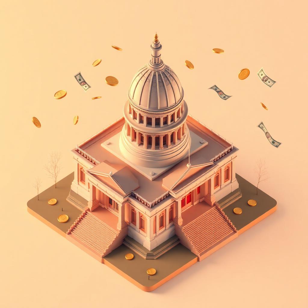 3D isometric illustration of the Indiana Statehouse limestone dome in Indianapolis with floating gold coins and dollar bills