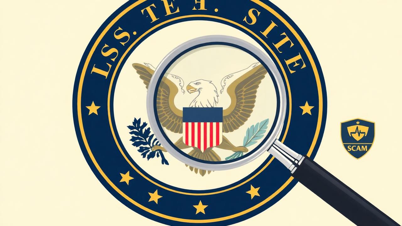Magnifying glass over an official U.S. state treasury seal next to a scam warning shield