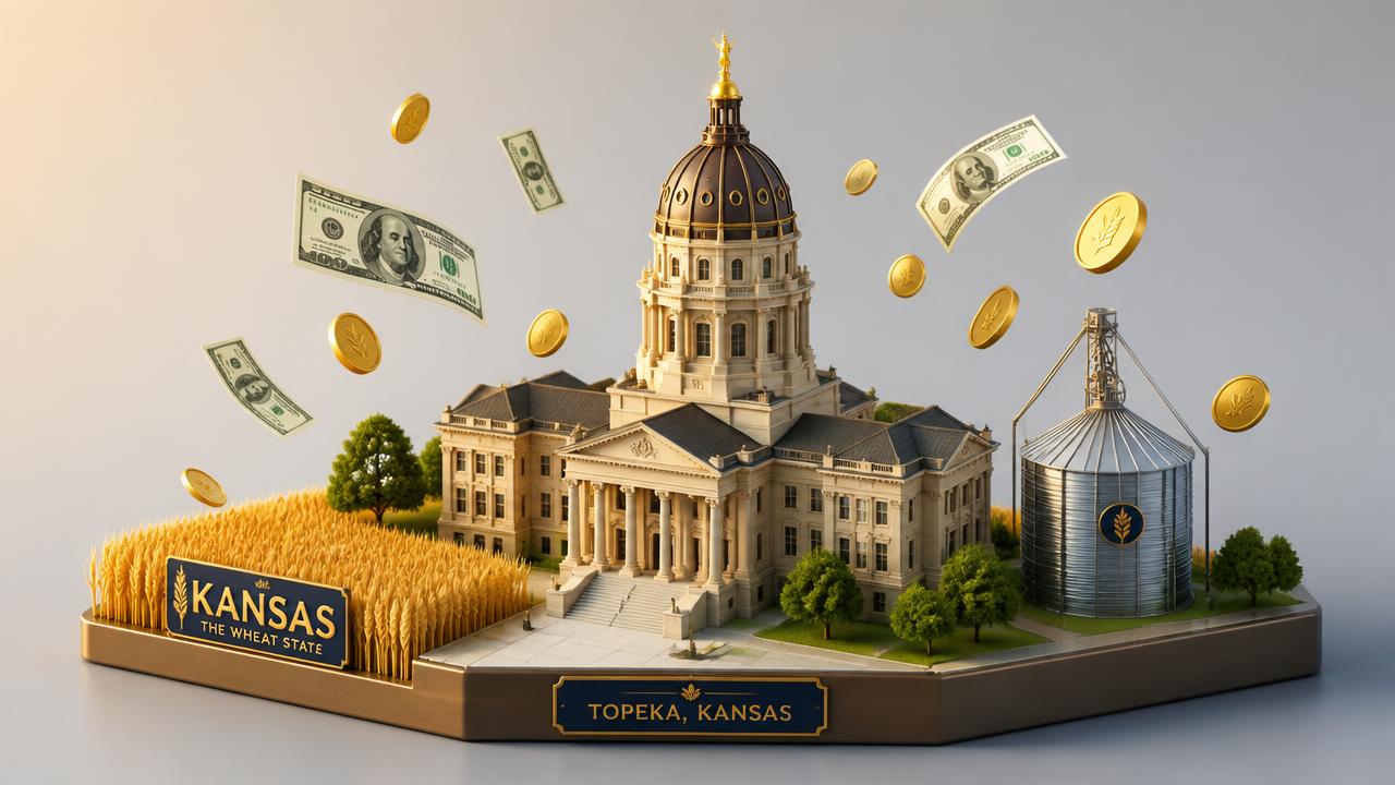 3D isometric illustration of the Kansas State Capitol dome in Topeka with a wheat field, grain silo, and floating gold coins