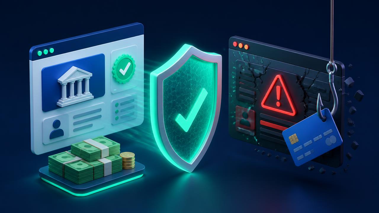 3D illustration of a verified government money portal on one side and a cracked scam website with a phishing hook on the other, separated by a security shield