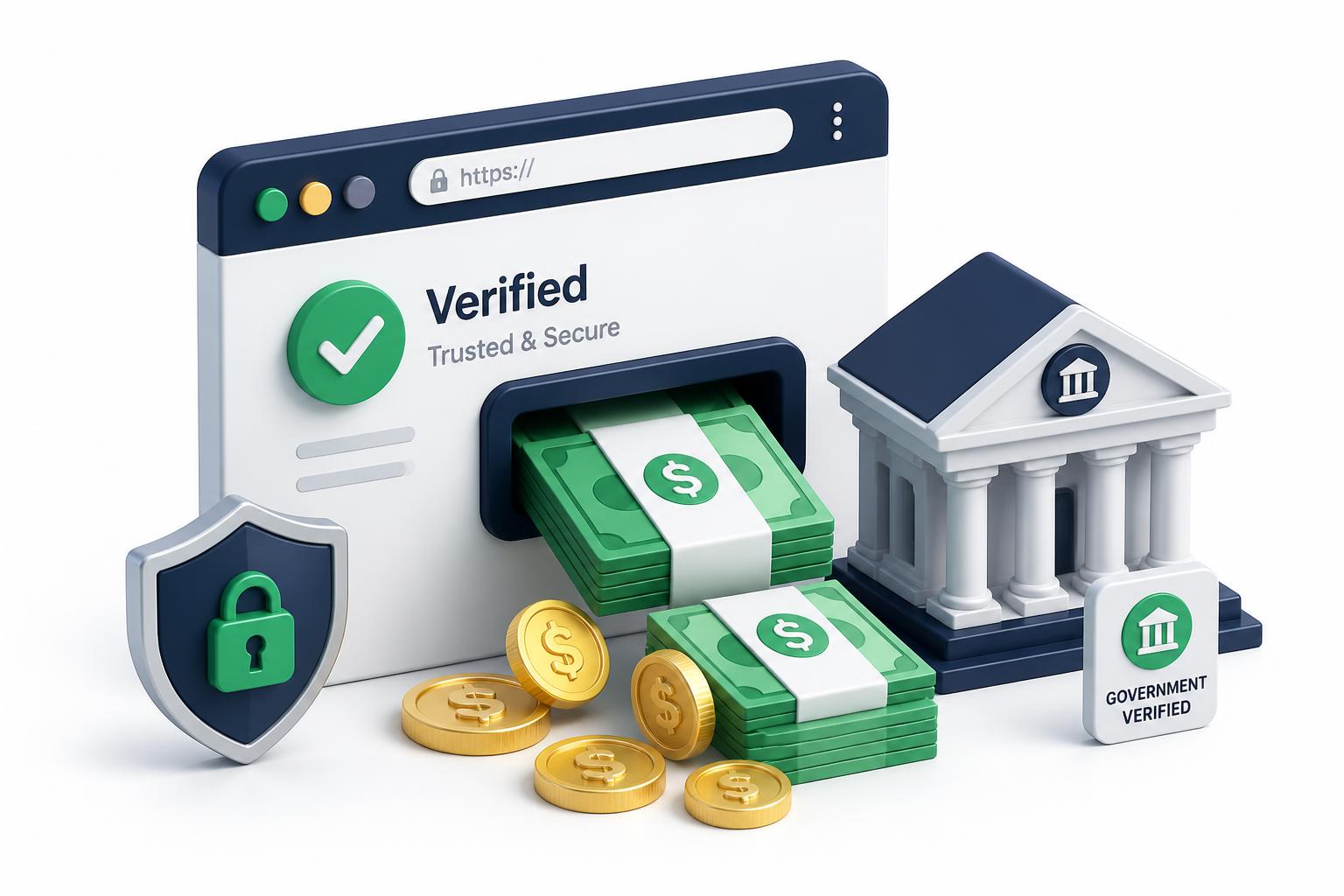 3D illustration of a verified browser window dispensing cash next to a government building icon and a security shield