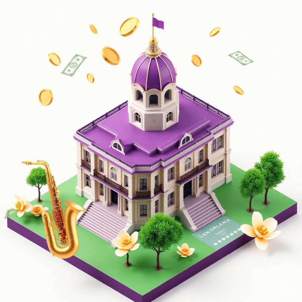 3D isometric illustration of the Louisiana State Capitol with floating gold coins and magnolia flowers
