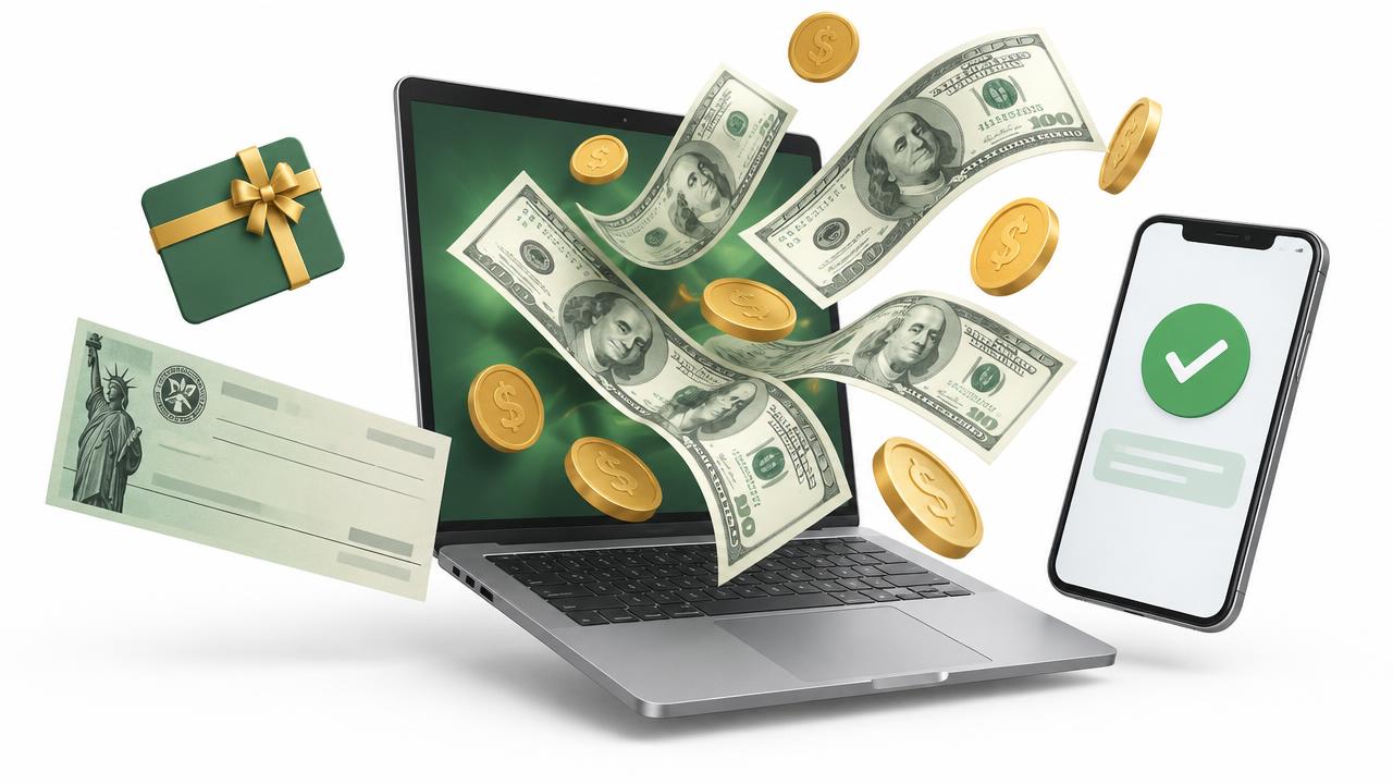 Laptop with cash and coins flowing out, a phone showing a payout confirmation, a government check and a gift card, representing making money online for free