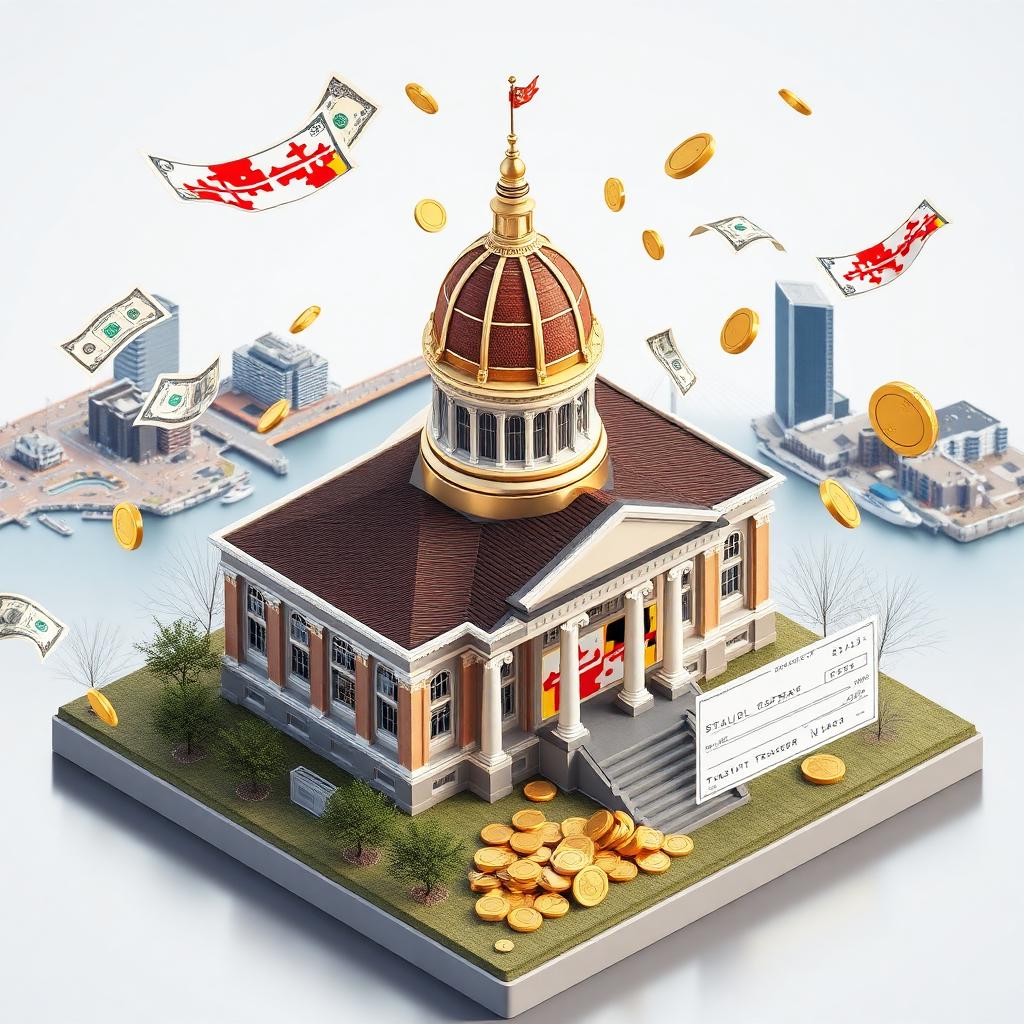 Isometric illustration of the Maryland State House dome with dollar bills, gold coins, a state treasury check, and the Baltimore Inner Harbor skyline