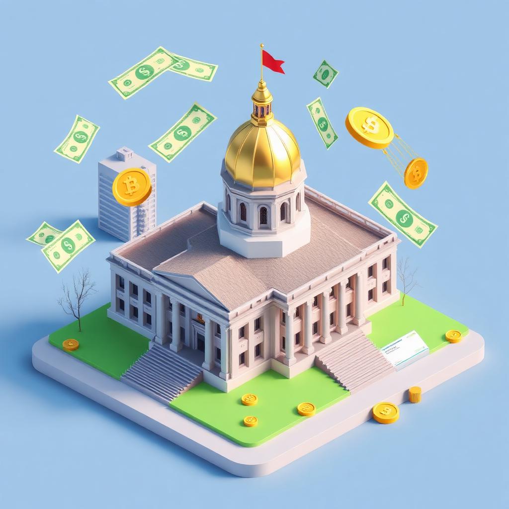 3D isometric illustration of the gold-domed Massachusetts State House in Boston with floating dollar bills, gold coins, and a state treasury check
