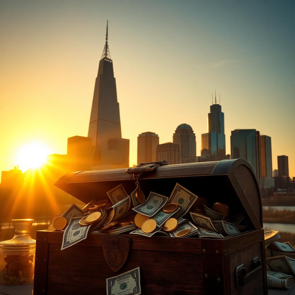 Detroit skyline with Renaissance Center over a treasure chest overflowing with cash and gold coins