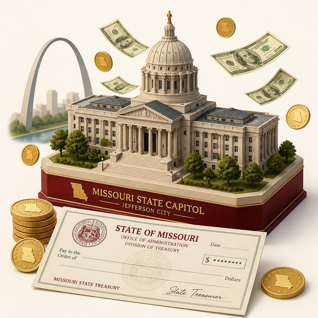 3D isometric illustration of the Missouri State Capitol in Jefferson City with the Gateway Arch, floating dollar bills, gold coins, and a Missouri state treasury check