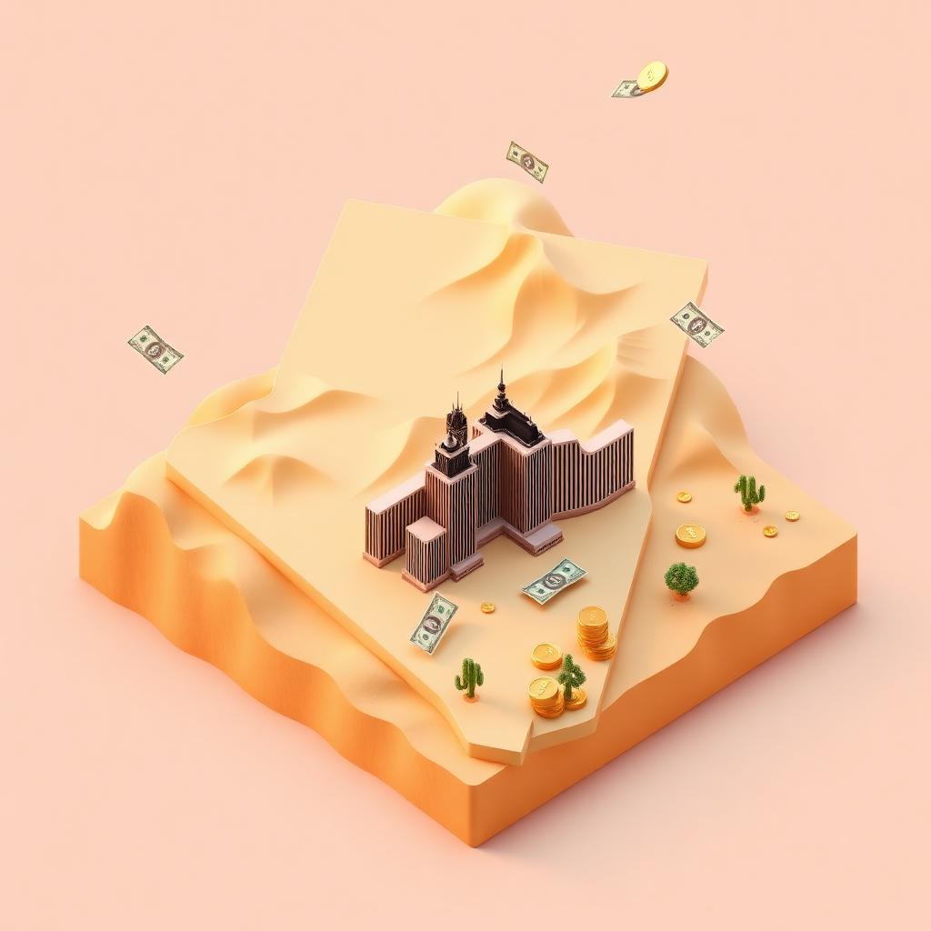 3D isometric illustration of Nevada state map with Las Vegas skyline, desert landscape, gold coins and floating dollar bills