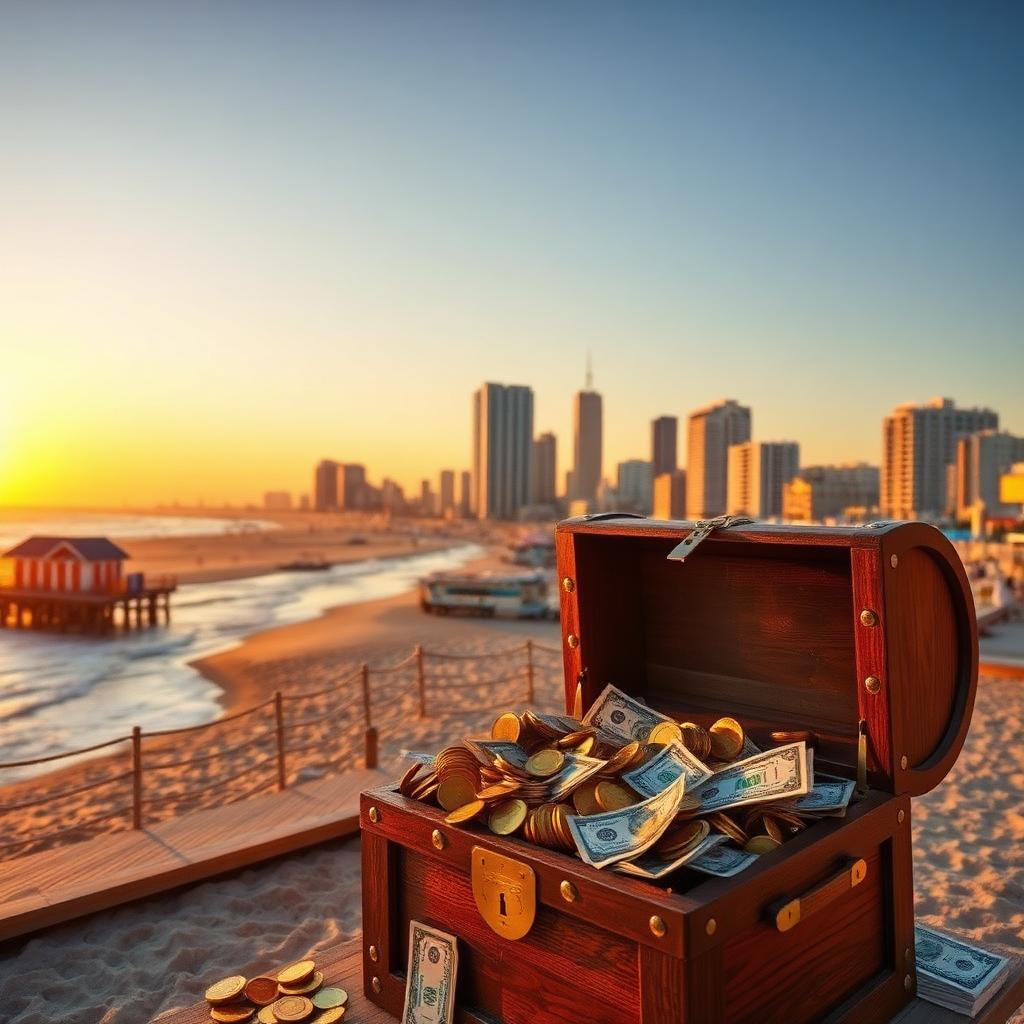 Atlantic City boardwalk and New Jersey skyline with a treasure chest of cash and gold coins