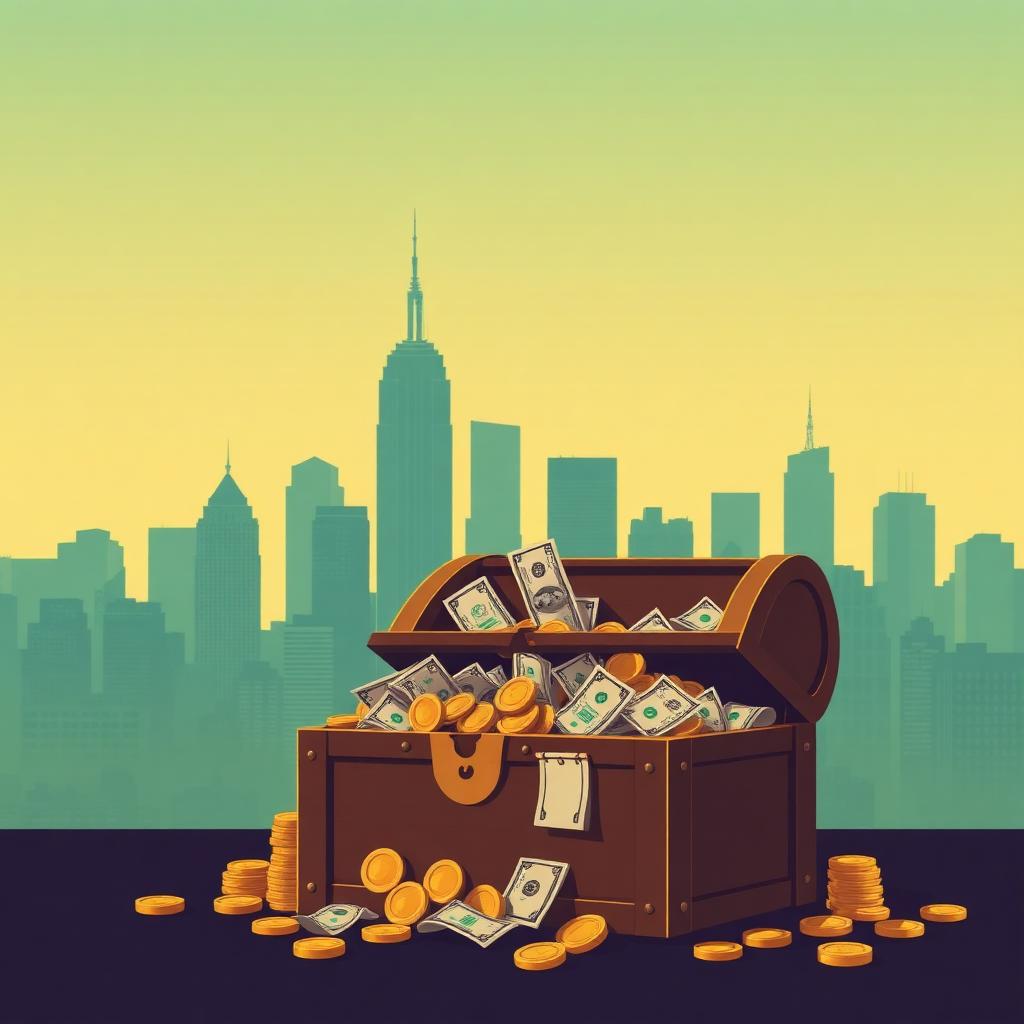 Manhattan skyline silhouette over a treasure chest overflowing with cash and gold coins