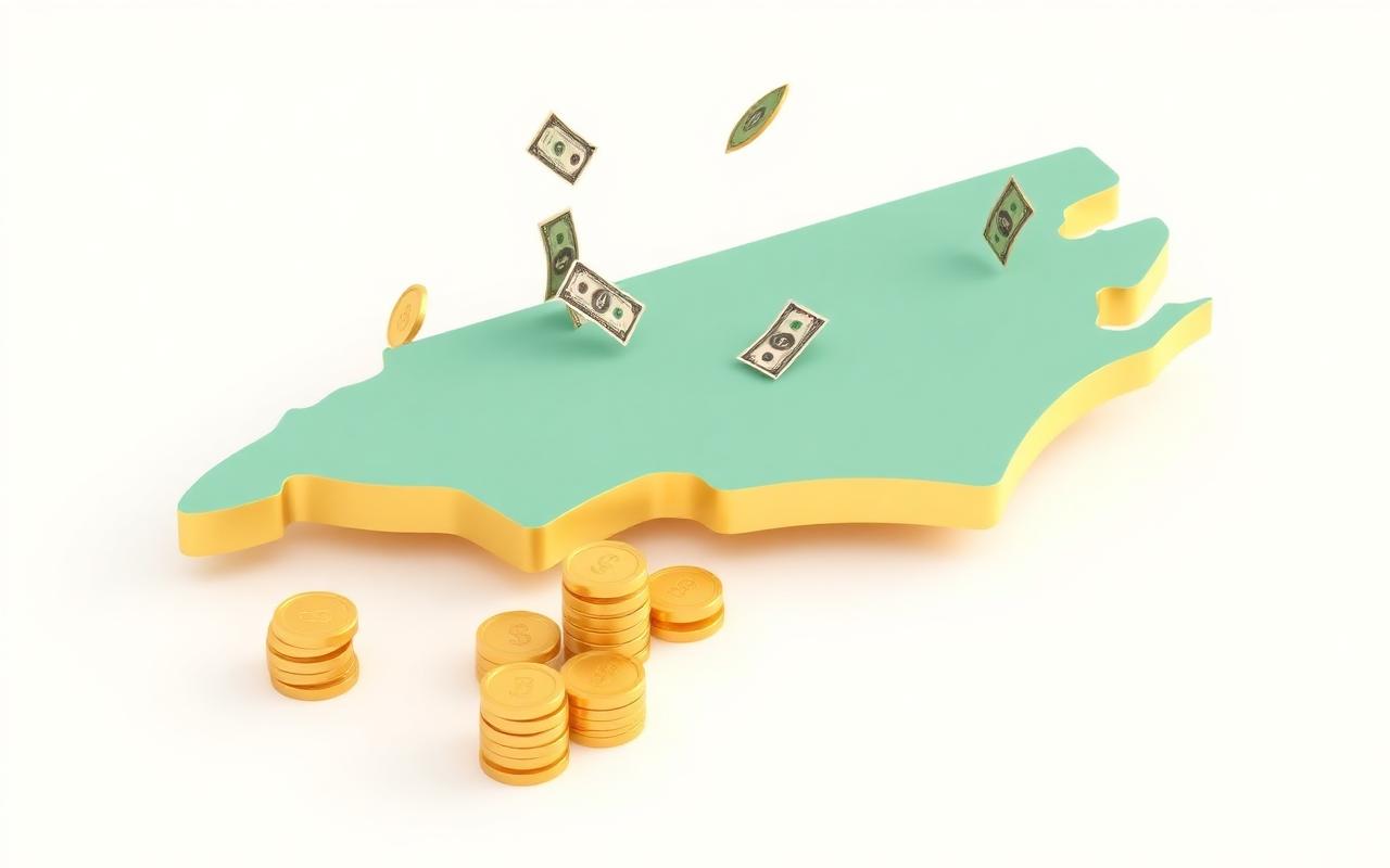 3D isometric illustration of the North Carolina state map with gold coins and floating dollar bills