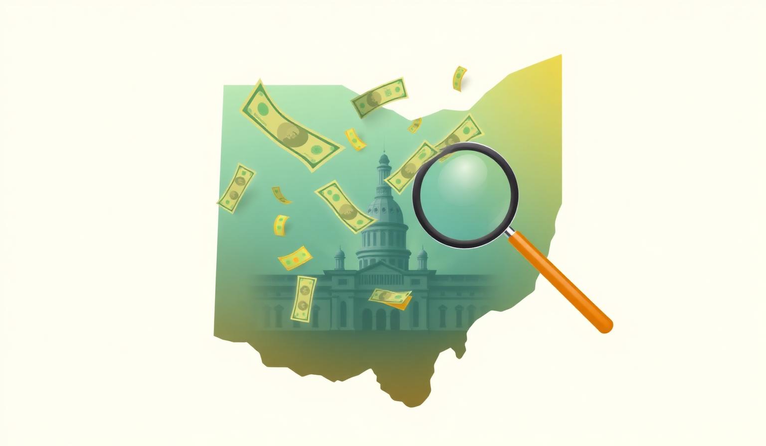 Outline of Ohio with floating dollar bills, a magnifying glass, and the Ohio Statehouse silhouette