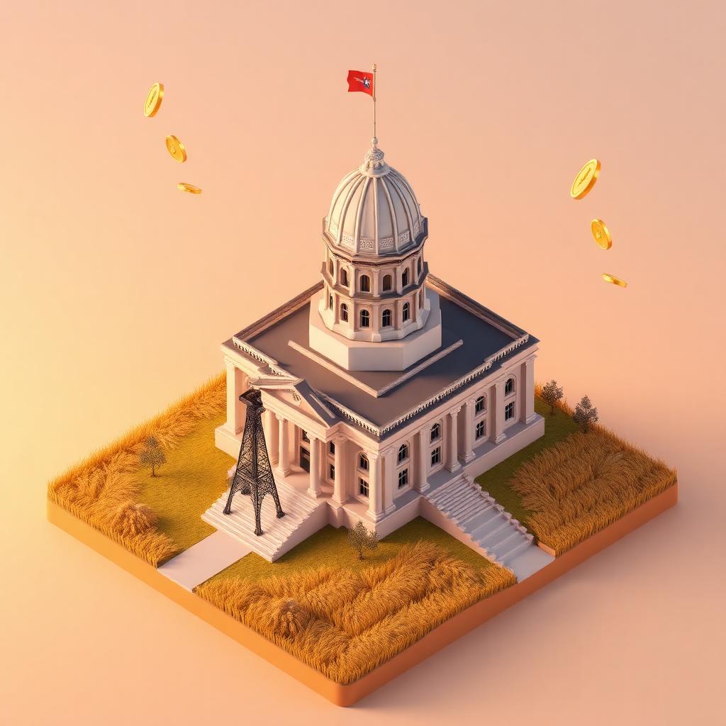3D isometric illustration of the Oklahoma State Capitol with an oil derrick and floating gold coins