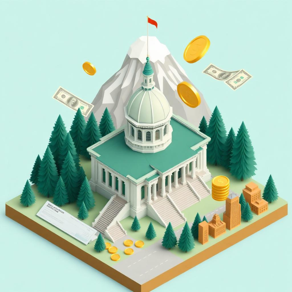 Isometric illustration of the Oregon State Capitol with Mount Hood, evergreen forests, dollar bills and gold coins, and the Portland skyline