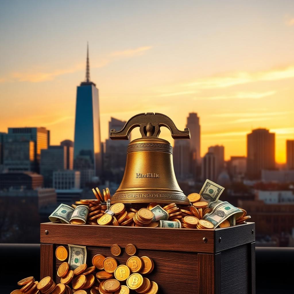 Philadelphia skyline with Liberty Bell over a treasure chest of cash and gold coins