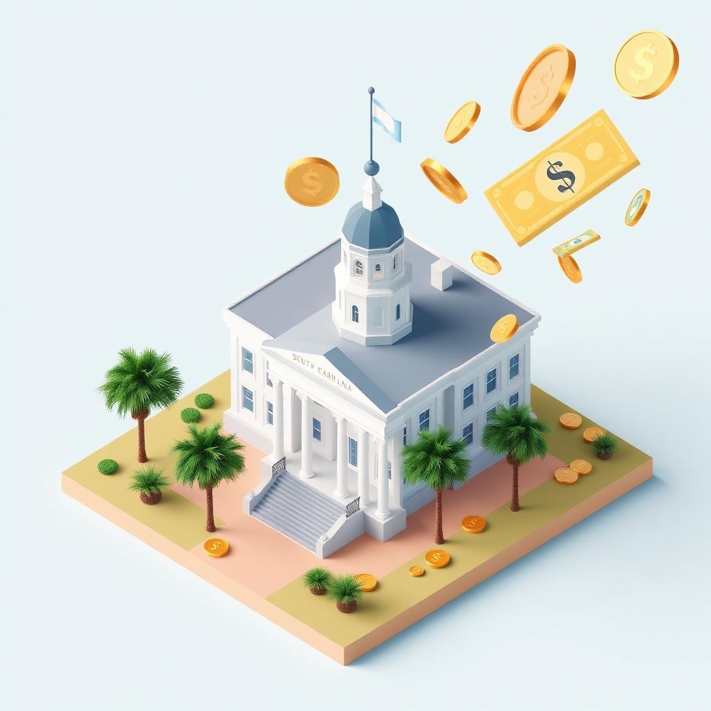 3D isometric illustration of the South Carolina State House with palmetto trees and floating gold coins
