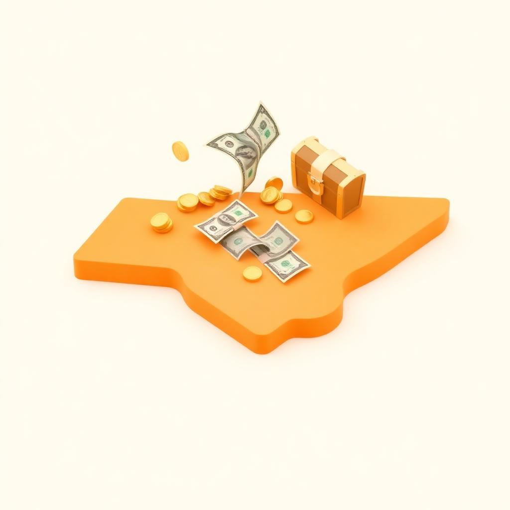 3D isometric illustration of the Tennessee state map with gold coins and floating dollar bills