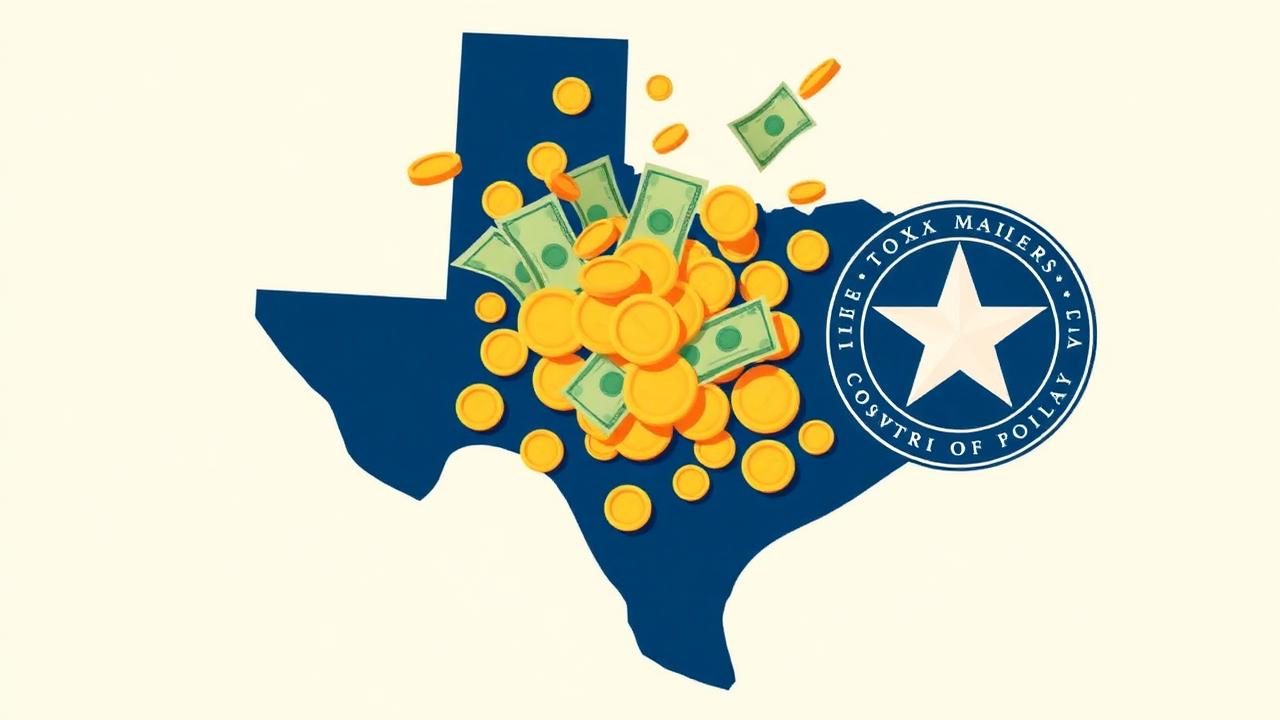 Outline of Texas filled with gold coins and dollar bills next to the Texas Comptroller seal