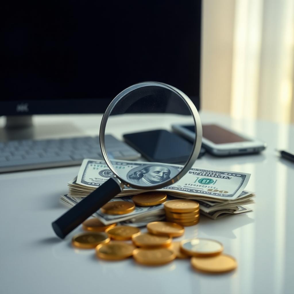 Magnifying glass over a stack of U.S. dollar bills and gold coins on a desk