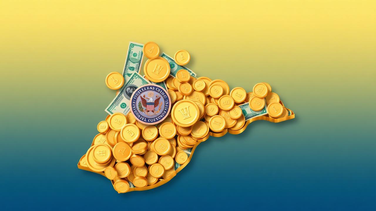 3D illustration of Virginia state outline filled with gold coins and treasury bills