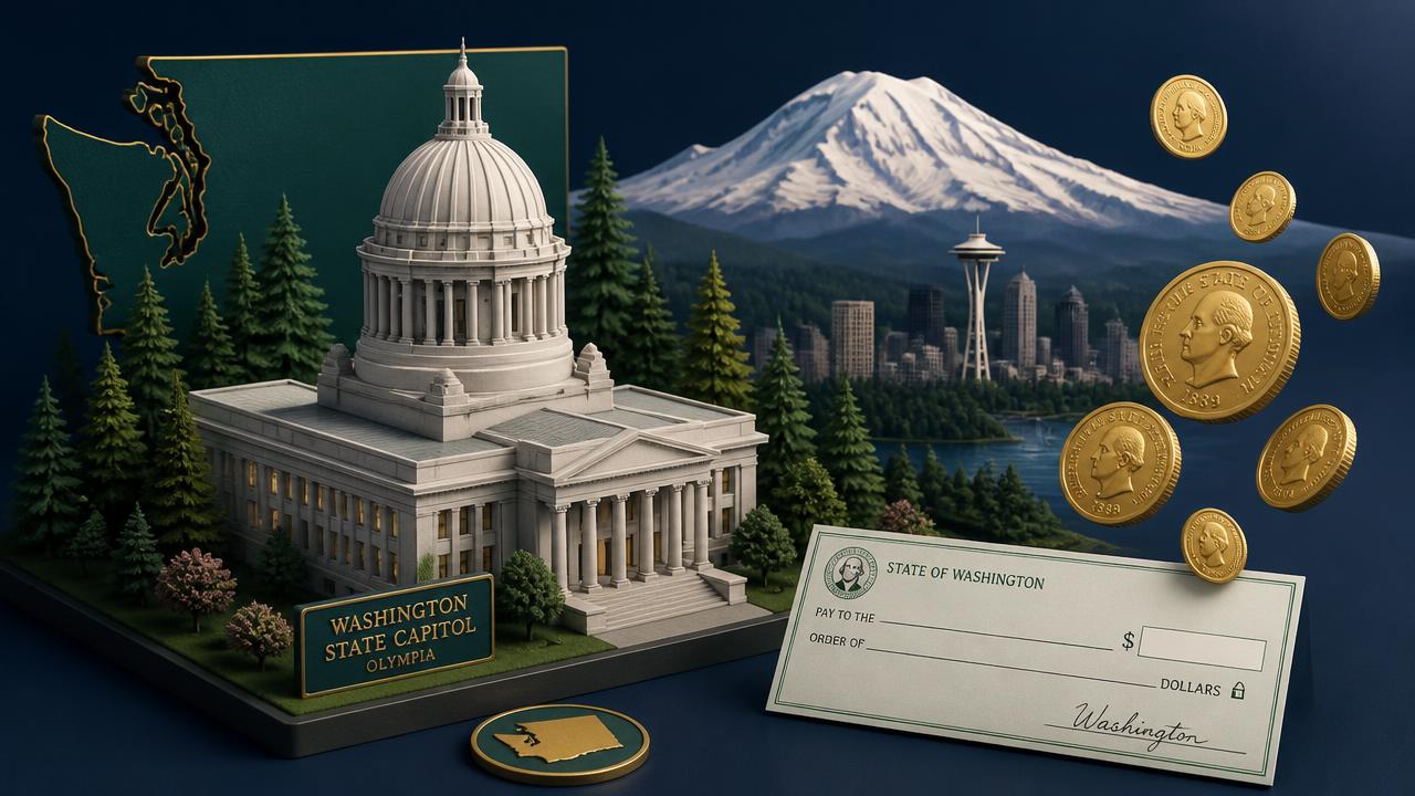 3D isometric illustration of the Washington State Capitol dome in Olympia with evergreen trees, Mount Rainier, and floating gold coins