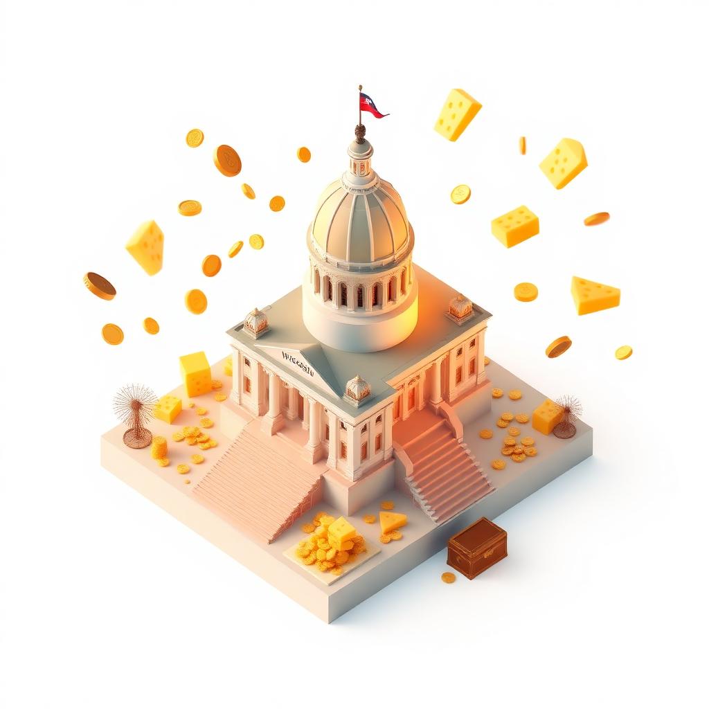3D illustration of the Wisconsin State Capitol with floating gold coins representing unclaimed property